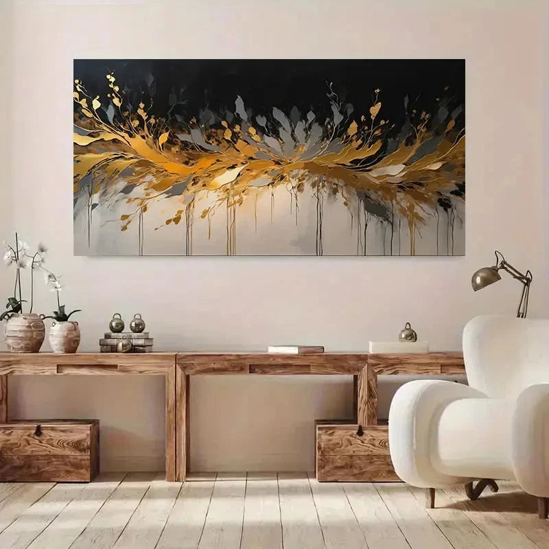Vibrant Golden White & Black Wall Art Canvas Office Home Room Framed 120x60cm
