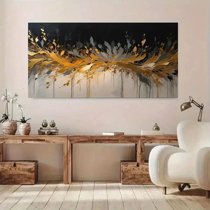 Vibrant Golden White & Black Wall Art Canvas Office Home Room Framed 120x60cm