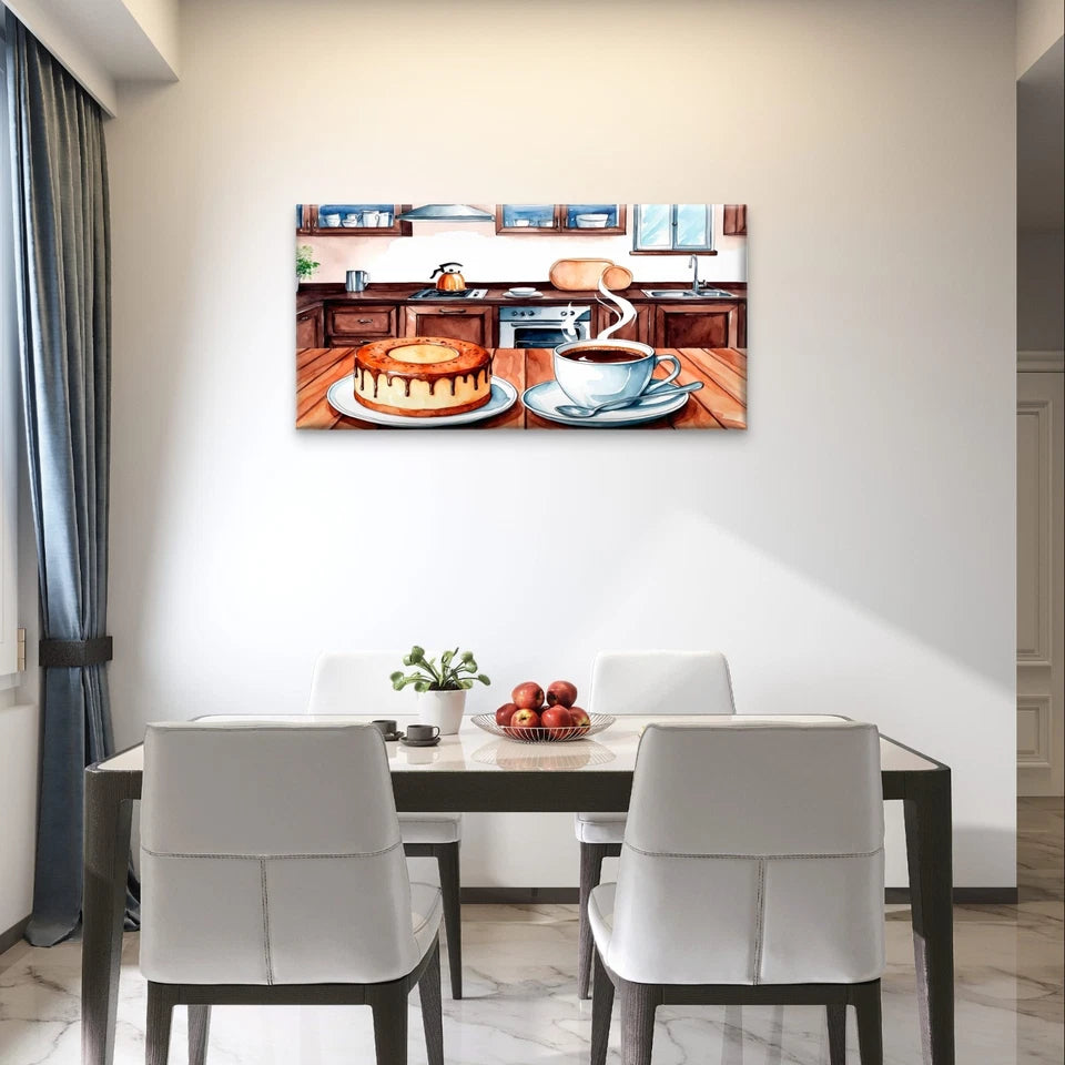 Cozy Kitchen Watercolour Cake Coffee Wall Art Canvas Office Home Framed 120x60cm