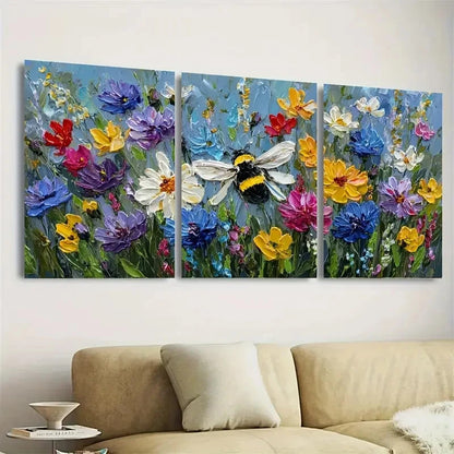 3pcs Bee Bumblebee Art Colorful Flower Honey Bee Wall Art Set Canvas Framed 60x90cm - High Quality Print 100% Australian Made Wall Canvas Ready to Hang - Bella Home Decor