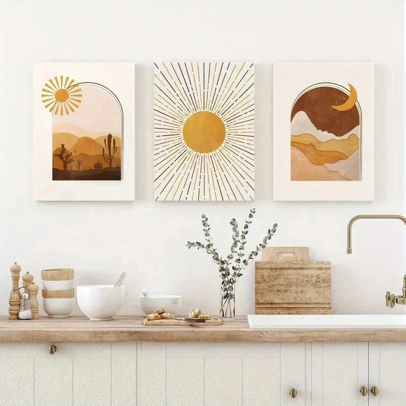 3pcs Western Desert Sun Moon Modern Perfect Wall Art Set Canvas Framed 50x70cm - High Quality Print 100% Australian Made Wall Canvas Ready to Hang