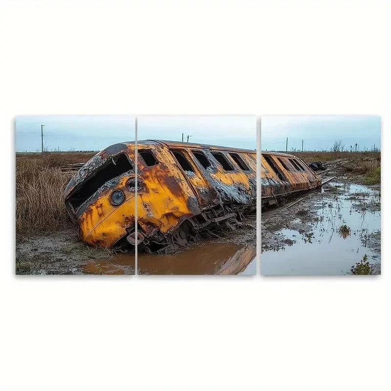 3pcs Train Wreck Art Ready to Hang EU   Wall Art Set Canvas Framed 40x60cm - High Quality Print 100% Australian Made Wall Canvas Ready to Hang