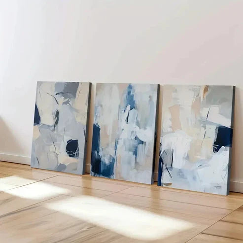 3pcs Abstract Brush Stroke Geometric Modern Blue Wall Art Canvas Unframed - High Quality Print 100% Australian Made Wall Canvas - Bella Home Decor