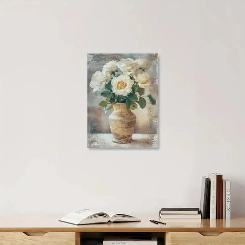 Beautiful White Roses In Rustic Vase Elegant Floral  60x90cm Metal Print Ready to Hang