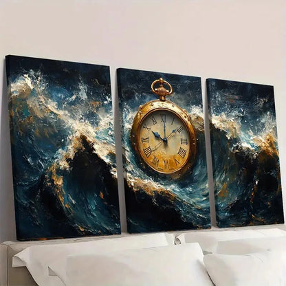 3pcs Rising Seawater Antique Watch E Arth  A Wall Art Set Canvas Framed 40x60cm - High Quality Print 100% Australian Made Wall Canvas Ready to Hang