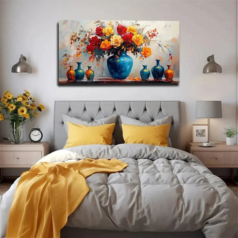 Floral Bouquet Blue Vase Wall Art Canvas Office Home Room Framed 120x60cm - Bella Home Decor