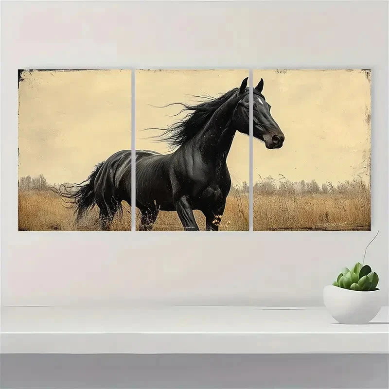 3pcs Vintage Black Horse Prints A  Wall Art Set Canvas Framed 40x60cm - High Quality Print 100% Australian Made Wall Canvas Ready to Hang