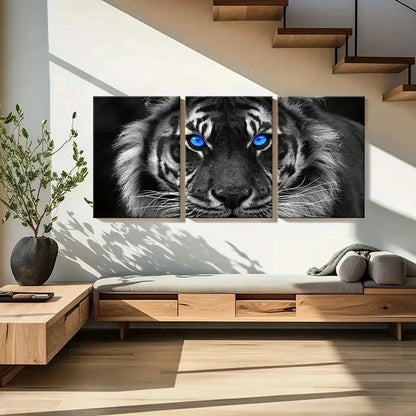 3pcs Gray Tiger Portrait with Blue Eyes Wall Art Set Canvas Framed 50x70cm - High Quality Print 100% Australian Made Wall Canvas Ready to Hang