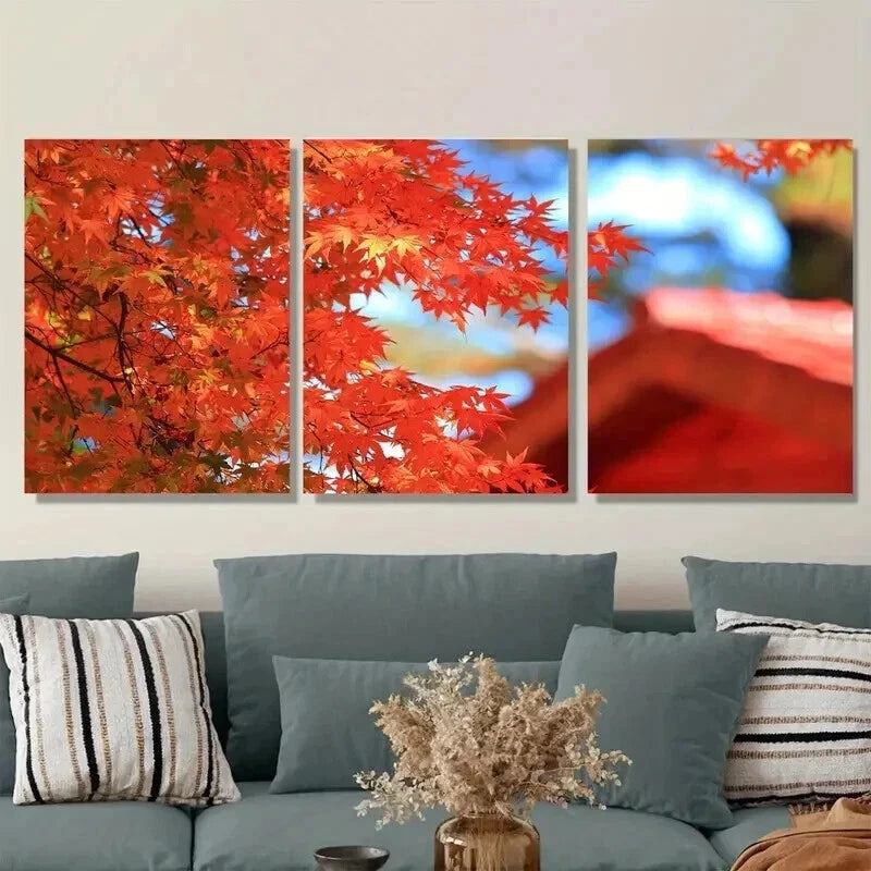 3pcs Autumn Red Maple Leaves Triptych Wall Art Set Canvas Framed 50x70cm - High Quality Print 100% Australian Made Wall Canvas Ready to Hang