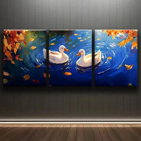 3pcs White Duck Swimming on Blue Water Wall Art Canvas Unframed - High Quality Print 100% Australian Made Wall Canvas