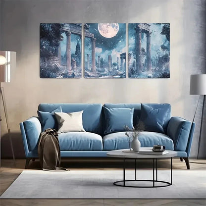 3pcs Roman Ruins Under a Full Moon Pattern Metal Print Ready to Hang Art