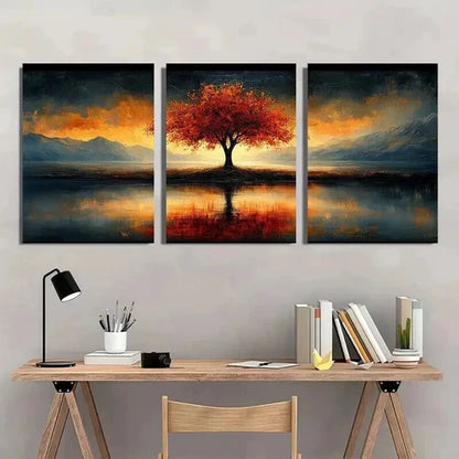 3pcs Vibrant Autumn Leaves & Mountain Reflection Wall Art Canvas Unframed - High Quality Print 100% Australian Made Wall Canvas