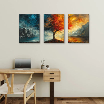 3pcs Rainbow Four Seasons Tree Wall Art Set Canvas Framed 50x70cm - High Quality Print 100% Australian Made Wall Canvas Ready to Hang