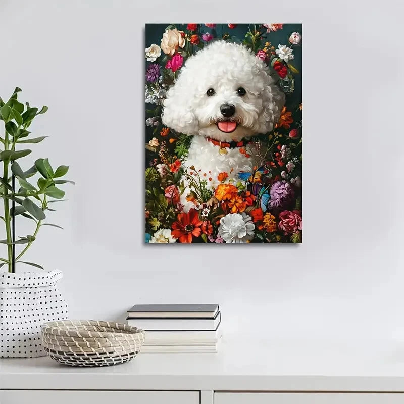 Cute Bichon Frise Dog with Vibrant Floral Painting 40x60cm Metal Print Ready to Hang - Bella Home Decor