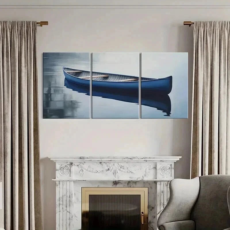 3pcs Serene Blue Canoe Reflections Wall Art Set Canvas Framed 60x90cm - High Quality Print 100% Australian Made Wall Canvas Ready to Hang - Bella Home Decor