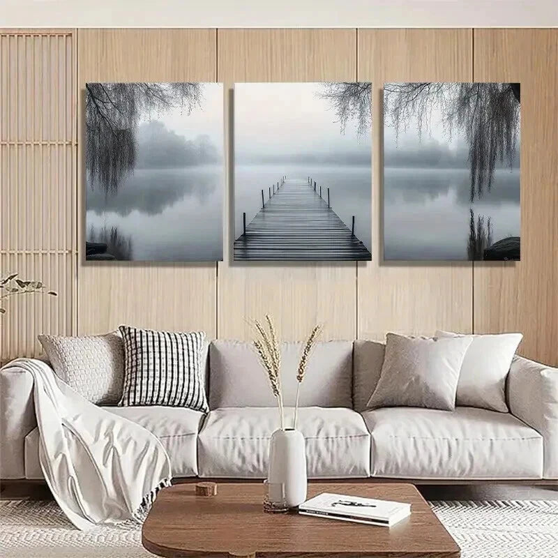 3pcs Misty Lake Dock Serene Water Willow Perfect Wall Art Set Canvas Framed 40x60cm - High Quality Print 100% Australian Made Wall Canvas Ready to Hang - Bella Home Decor