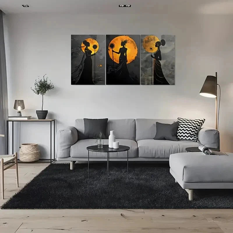 3pcs Modern Abstract Golden Moonlit Silhouette Metal Print Ready to Hang Art