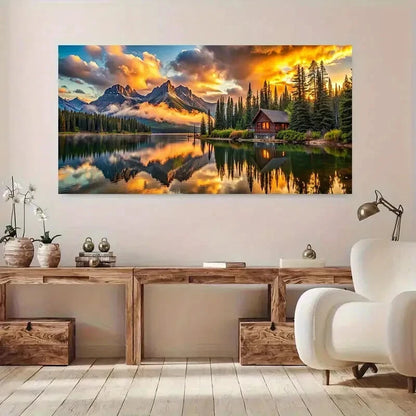 Golden Life Tree, Mountain,Lake  Art wall canvas office home room framed 120x60cm - Bella Home Decor