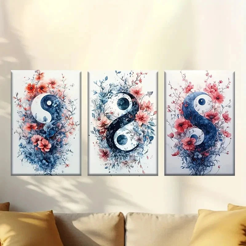 3pcs The picture of the Taiji on the flower Wall Art Set Canvas Framed 60x90cm - High Quality Print 100% Australian Made Wall Canvas Ready to Hang