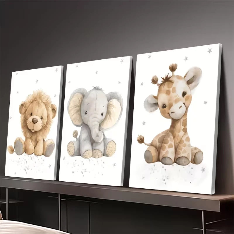3pcs Featuring Lion, Elephant, and Giraffe Wall Art Set Canvas Framed 40x60cm - High Quality Print 100% Australian Made Wall Canvas Ready to Hang