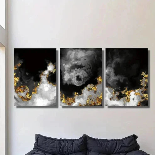 3pcs Black and Gold Abstract Space Clouds Wall Art Canvas Unframed - High Quality Print 100% Australian Made Wall Canvas - Bella Home Decor