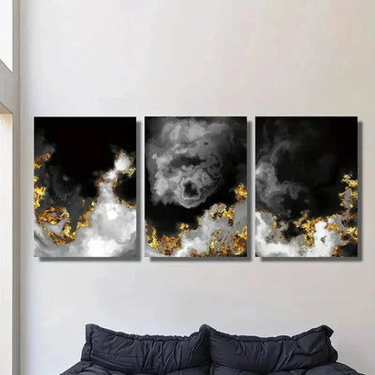 3pcs Black and Gold Abstract Space Clouds Wall Art Canvas Unframed - High Quality Print 100% Australian Made Wall Canvas - Bella Home Decor