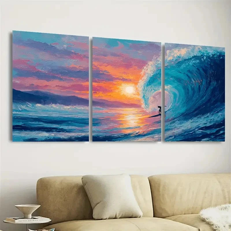 3pcs Sunset Surfer Coastal Wall Art Set Canvas Framed 60x90cm - High Quality Print 100% Australian Made Wall Canvas Ready to Hang