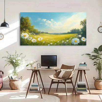 Daisy Field Landscape Decor Wall Art Canvas Office Home Room Framed 120x60cm - Bella Home Decor