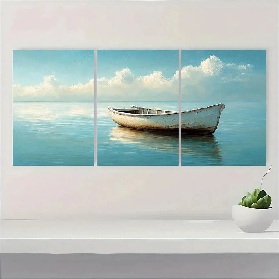 3pcs White Rowboat on Calm Water with Soft Blue Metal Print Ready to Hang Art