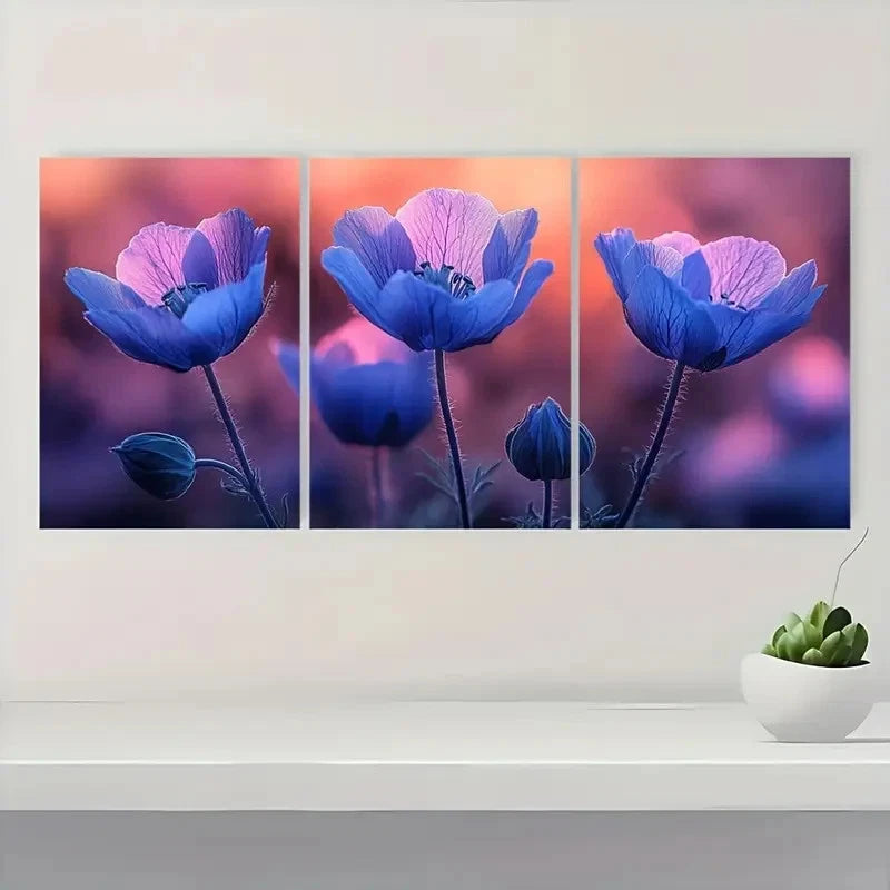 3pcs Purple Prairie Gentian Plant  EW    Wall Art Set Canvas Framed 50x70cm - High Quality Print 100% Australian Made Wall Canvas Ready to Hang