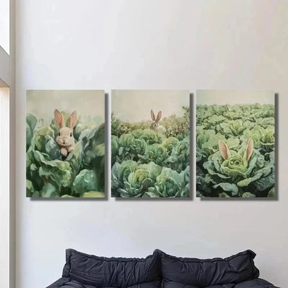 3pcs Rabbits in the Vegetable Garden Wall Art Set Canvas Framed 40x60cm - High Quality Print 100% Australian Made Wall Canvas Ready to Hang