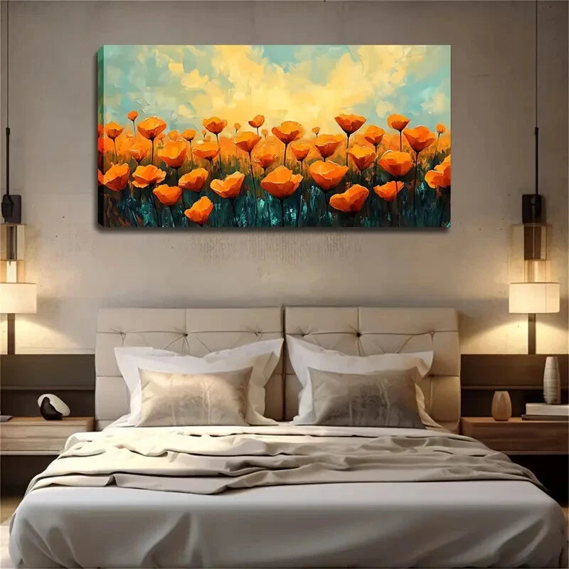 Orange Flowers on Turquoise Wall Art Canvas Office Home Room Framed 120x60cm - Bella Home Decor