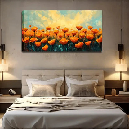 Orange Flowers on Turquoise Wall Art Canvas Office Home Room Framed 120x60cm - Bella Home Decor
