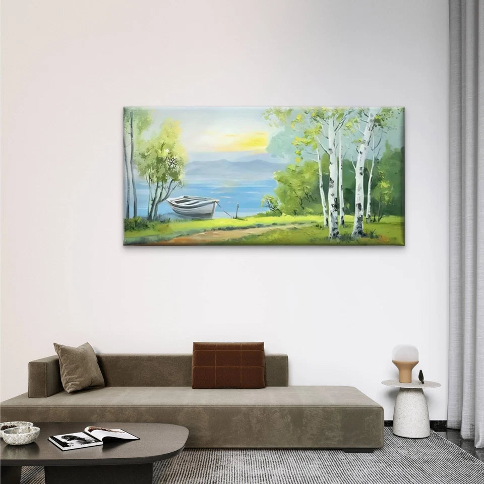 Boat In The Water Forest Wall Art Canvas Office Home Room Framed 120x60cm