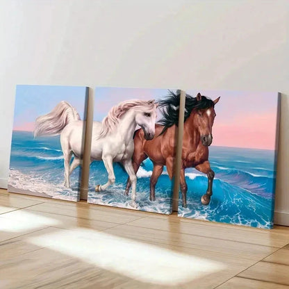3pcs Seaside Scene with White and Brown Horses Wall Art Set Canvas Framed 50x70cm - High Quality Print 100% Australian Made Wall Canvas Ready to Hang