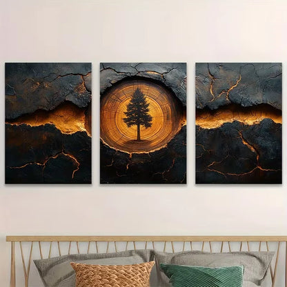 3pcs Abstract Golden Tree Rings Metal Print Ready to Hang Art - Bella Home Decor