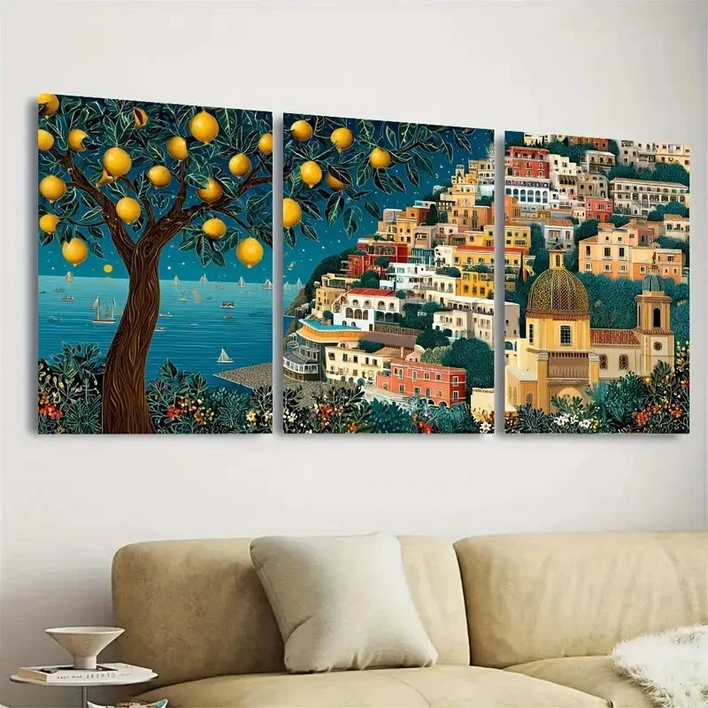 3pcs Positano Lemon Tree Amalfi Coast Art Italy Wall Art Set Canvas Framed 50x70cm - High Quality Print 100% Australian Made Wall Canvas Ready to Hang - Bella Home Decor