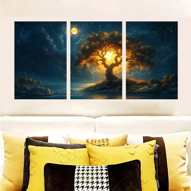 3pcs Moonlit Nature Mystical Tree Wall Art Set Canvas Framed 50x70cm - High Quality Print 100% Australian Made Wall Canvas Ready to Hang