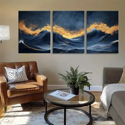 3pcs Golden Ocean Waves with Fiery Glow Wall Art Canvas Unframed - High Quality Print 100% Australian Made Wall Canvas - Bella Home Decor