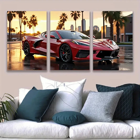 3pcs Red Chevrolet Corvette C8 Sports Car Sunset Wall Art Set Canvas Framed 40x60cm - High Quality Print 100% Australian Made Wall Canvas Ready to Hang