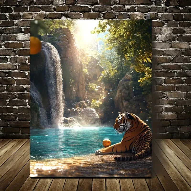 Dreamlike Tiger Playing With Ball by Crystal Painting 40x60cm Metal Print Ready to Hang - Bella Home Decor