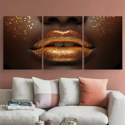 3pcs Woman In Golden Sparkles Lips Décor Perfect Wall Art Set Canvas Framed 60x90cm - High Quality Print 100% Australian Made Wall Canvas Ready to Hang