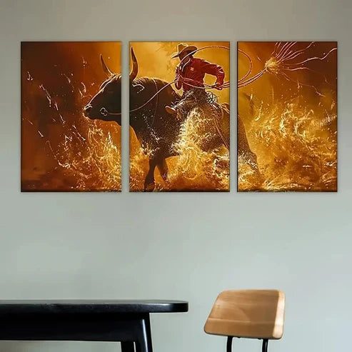 3pcs Man Riding Bull in Fire Wall Art Set Canvas Unframed - High Quality Print 100% Australian Made Wall Canvas