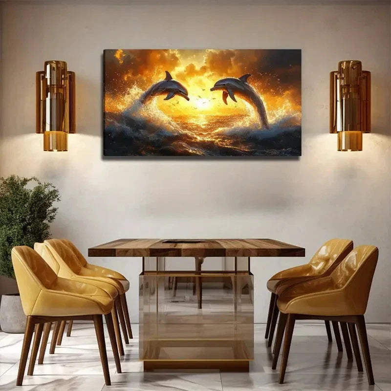 Golden Sunset Dolphin Wall Art Canvas Office Home Room Framed 120x60cm