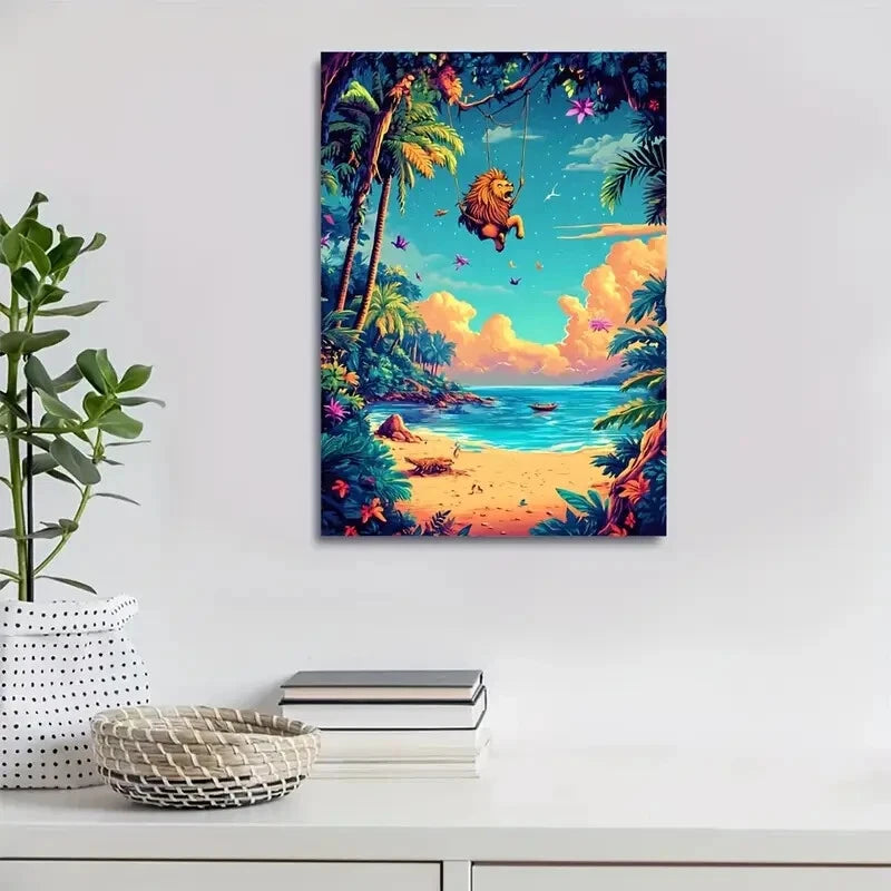 Vibrant Cartoon Lion Swing Scene with Neon 40x60cm Metal Print Ready to Hang - Bella Home Decor