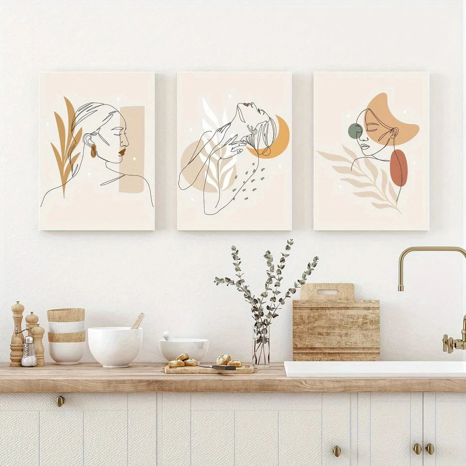 3pcs Abstract Women and Tropical Leaves Metal Print Ready to Hang Art - Bella Home Decor
