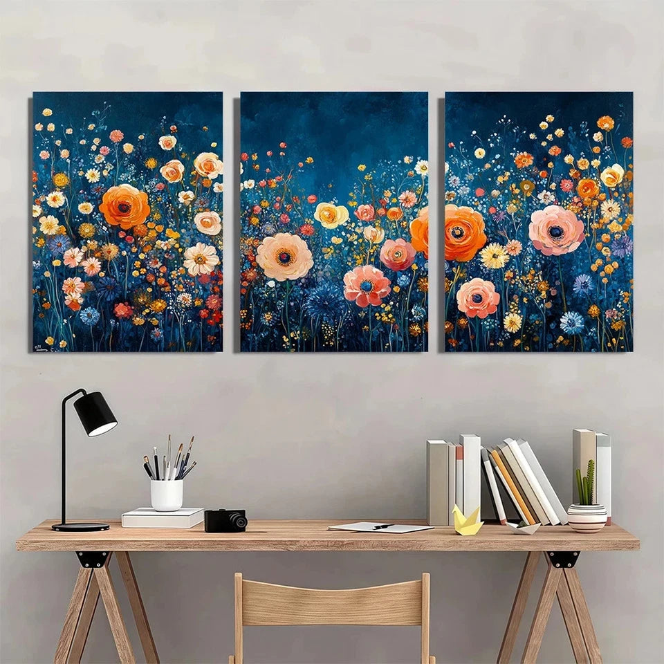 3pcs Vibrant Floral Design Blue Garden Wall Art Set Canvas Framed 40x60cm - High Quality Print 100% Australian Made Wall Canvas Ready to Hang