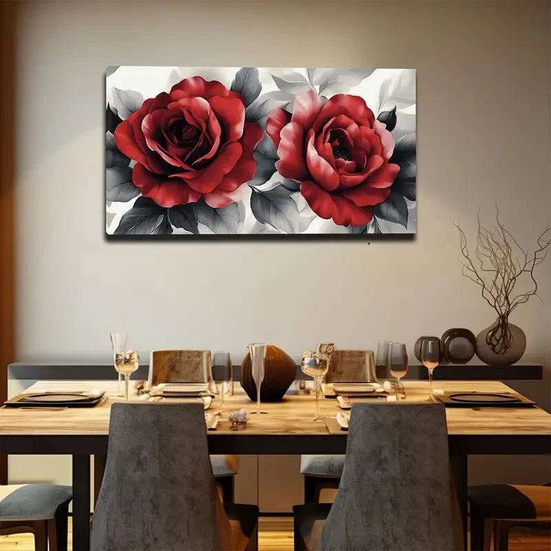 Bold Red Roses On White Wall Art canvas office home room framed 120x60cm