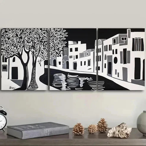 3pcs Black and White Ancient City Canal Wall Art Canvas Unframed - High Quality Print 100% Australian Made Wall Canvas - Bella Home Decor