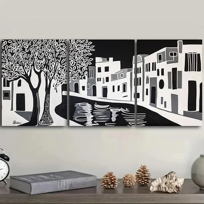 3pcs Black and White Ancient City Canal Wall Art Canvas Unframed - High Quality Print 100% Australian Made Wall Canvas - Bella Home Decor